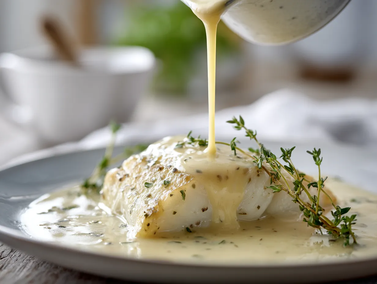 Krämig vitvinssås serverad i en såskanna bredvid en bit stekt fisk och citron.