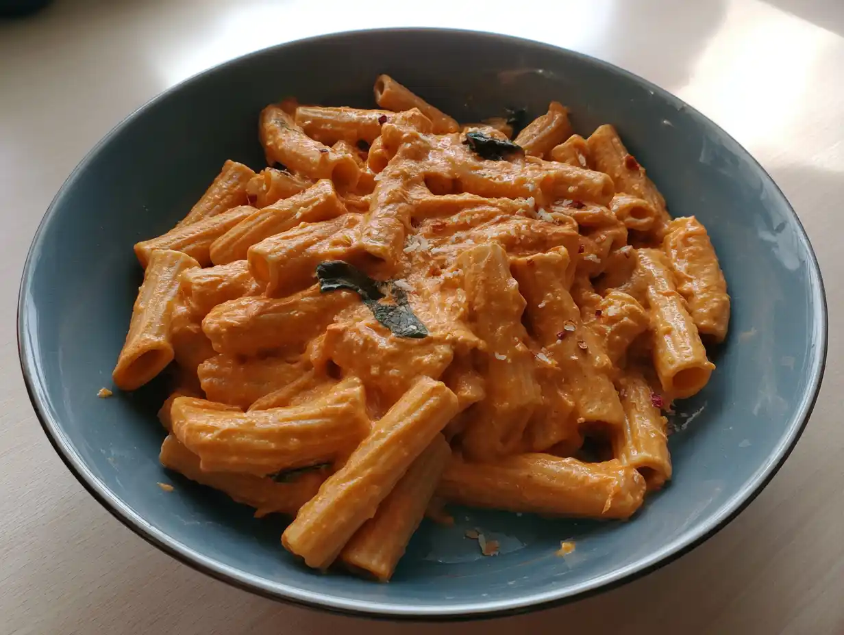 Vodka pasta i djup tallrik med krämig tomatsås, riven parmesan och basilika, nylagad hemma i naturligt ljus.