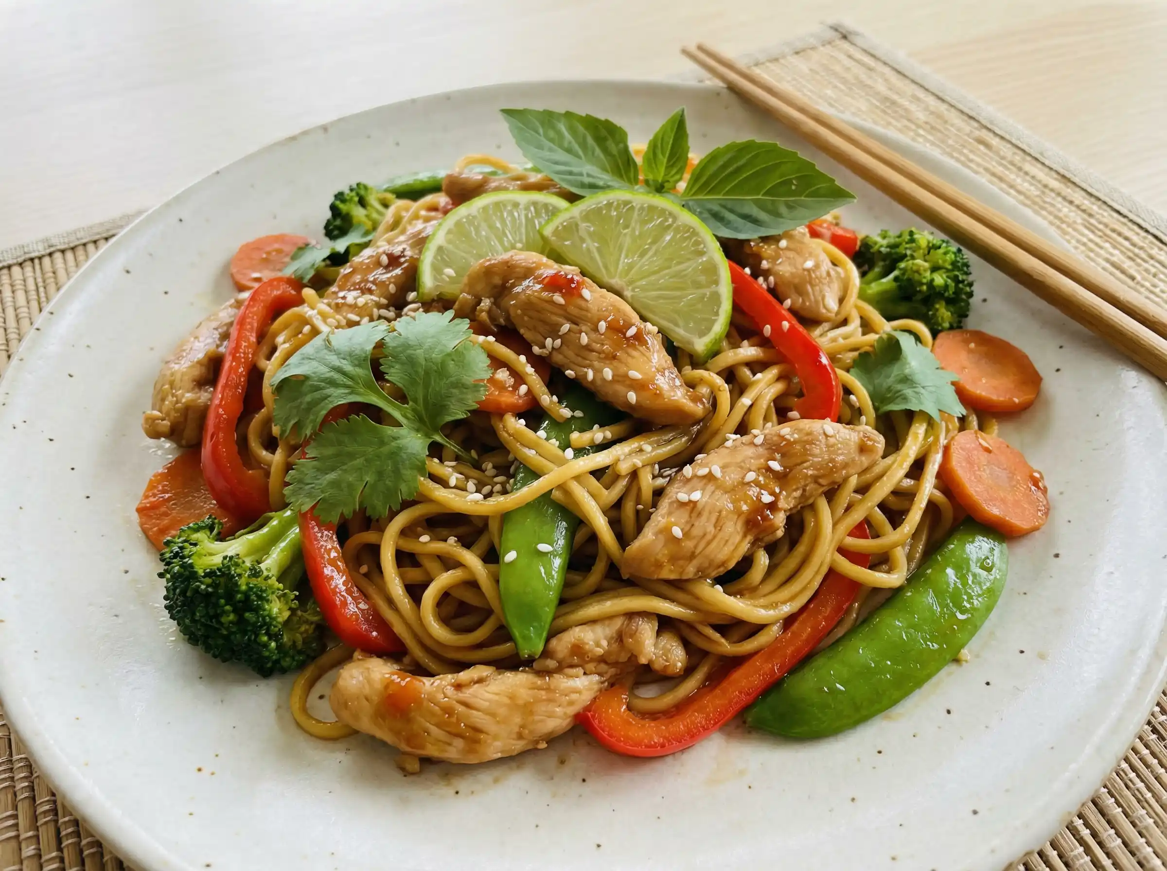 Wokad kyckling med nudlar, broccoli, paprika och sesamfrön serverad varm på tallrik med lime och färska örter.