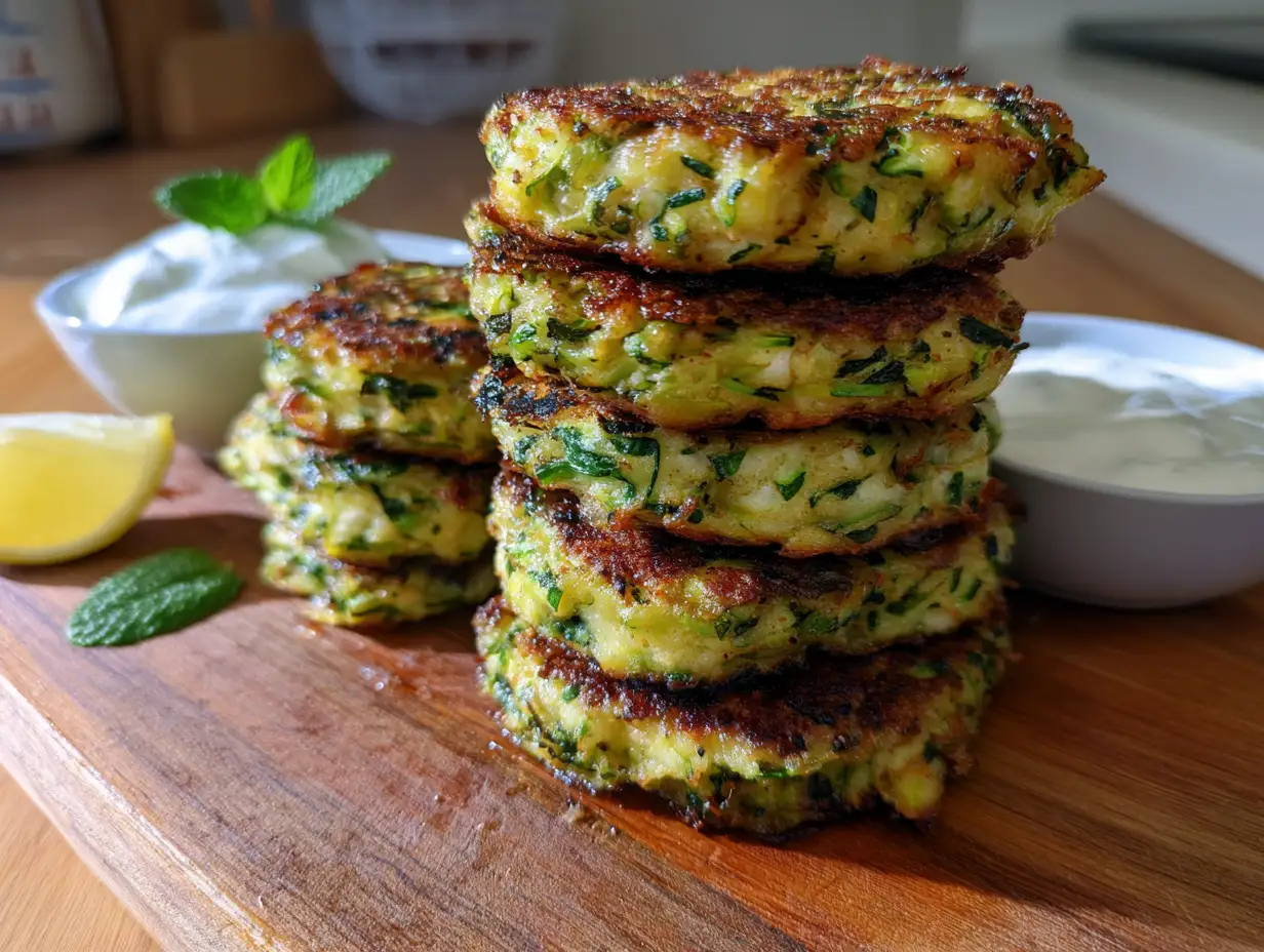 zucchinibiffar med halloumi gyllengula i stekpanna med yoghurtdipp och mynta vid sidan på träbräda