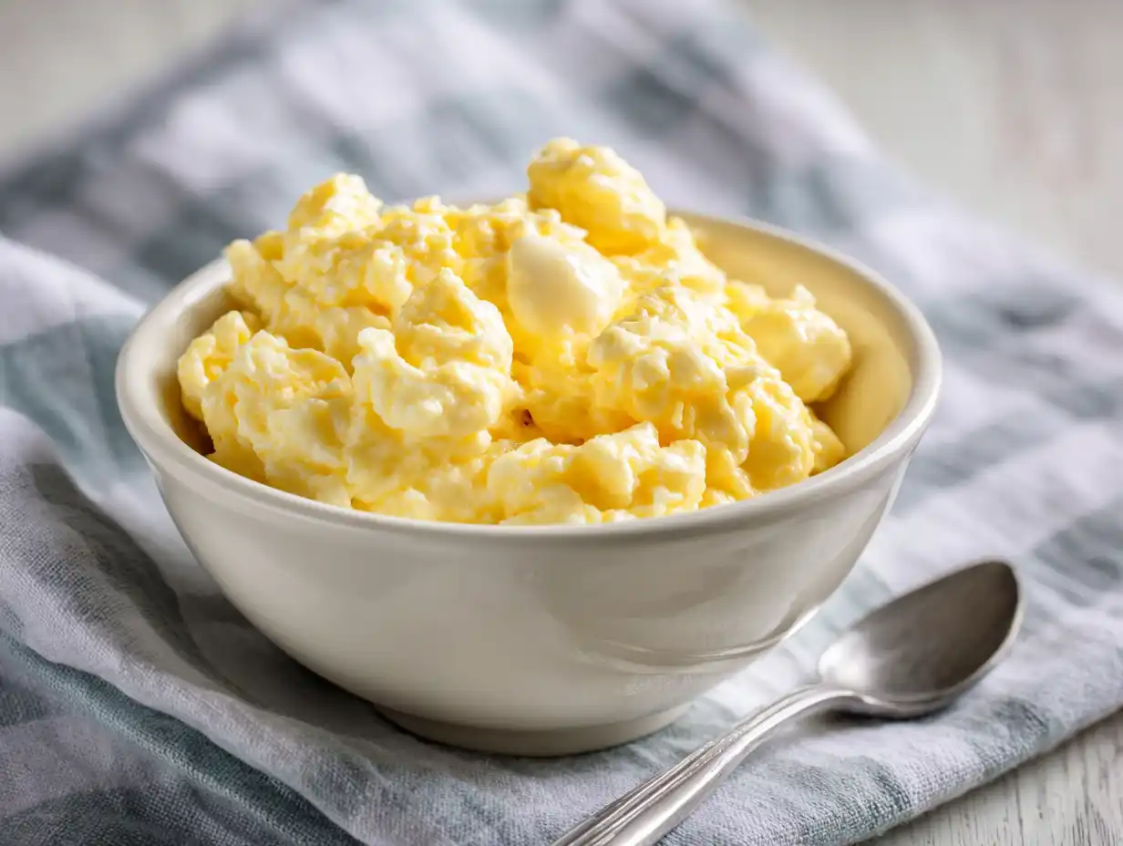 Äggröra bebis serverad mjuk och finfördelad på liten tallrik utan salt.