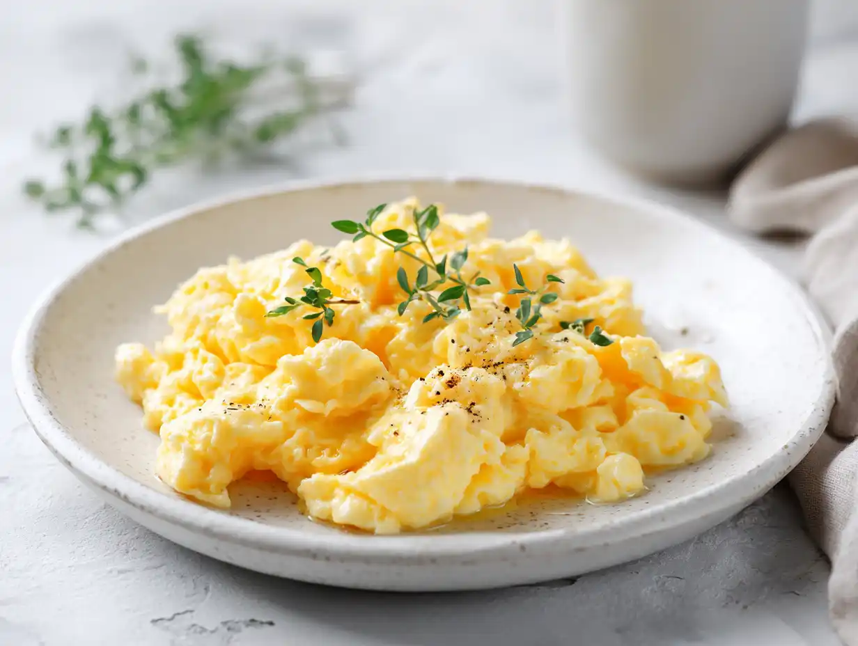 Äggröra med mjölk i stekpanna, mjuk och krämig med smörig yta och nymalen peppar ovanpå.