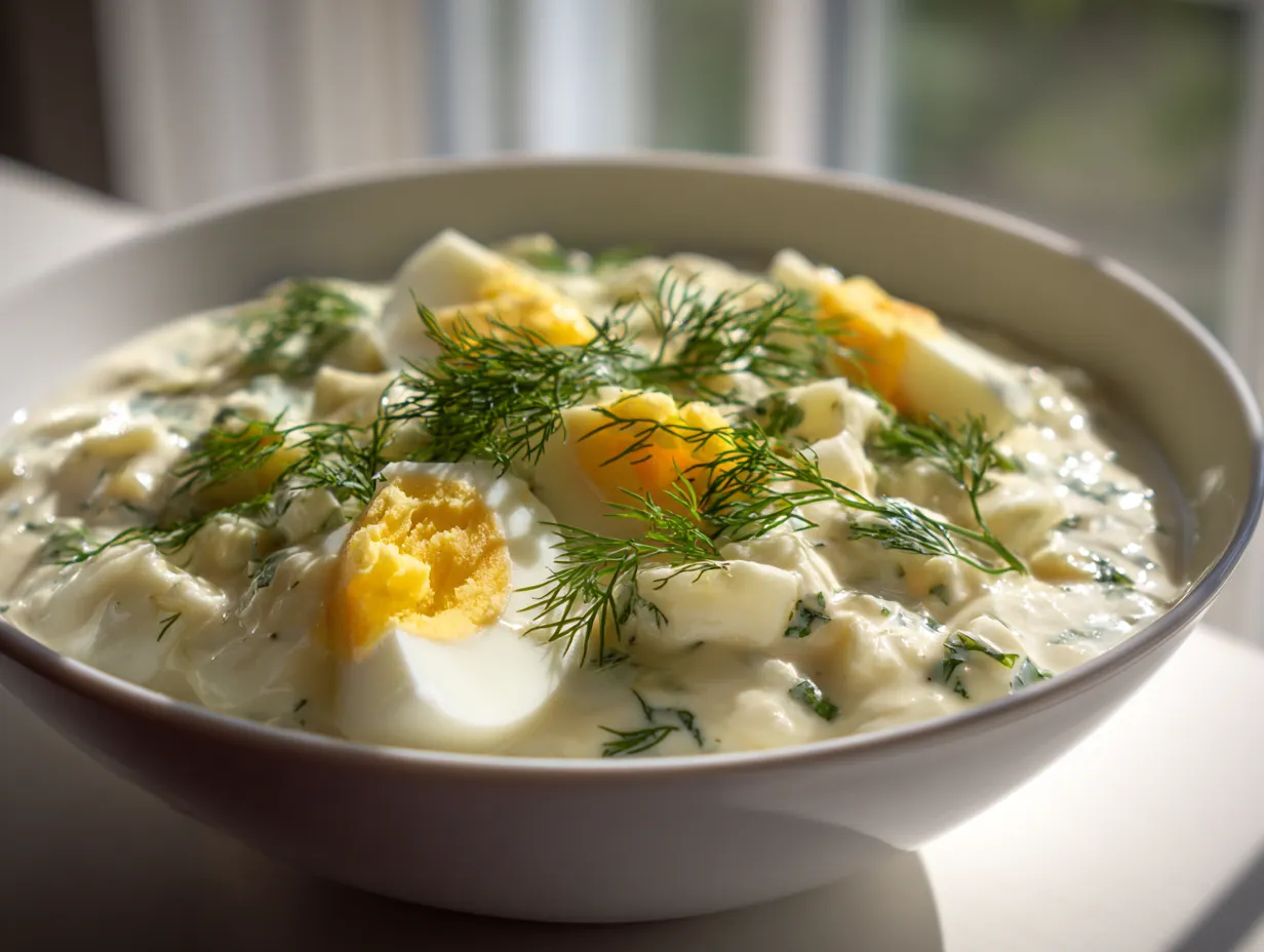 En skål med krämig äggsås recept fylld med hackade ägg och färsk dill.