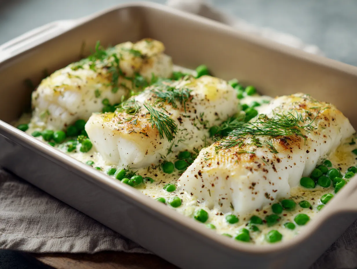 Alaska pollock i ugn med dill och krämig sås serverad med ris och gröna ärter.