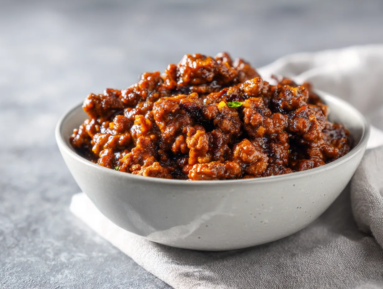 En skål med annorlunda köttfärs smaksatt med soja och ingefära serverad med ris.