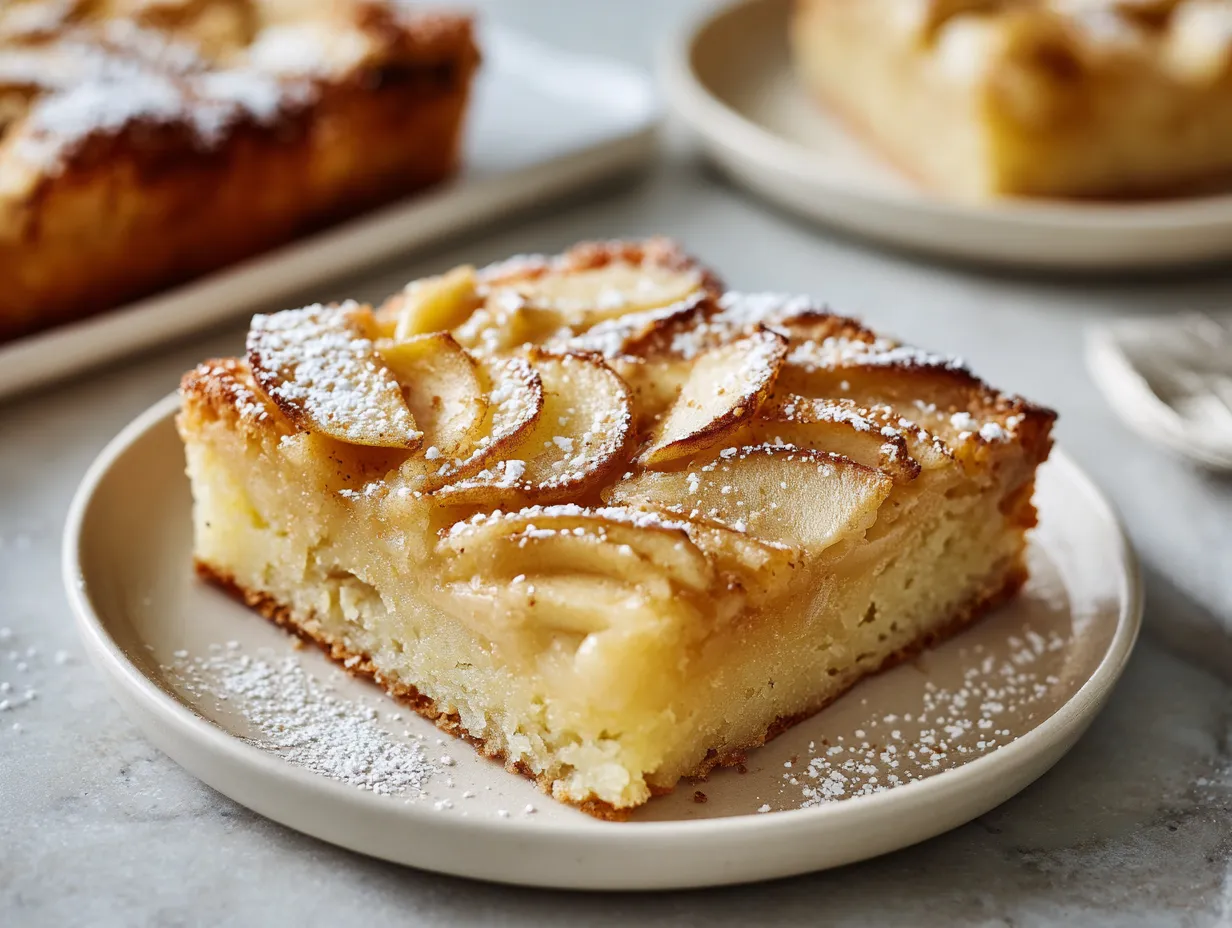 Äppelkaka i långpanna med kanel och socker, gyllene yta och saftig sockerkaka.