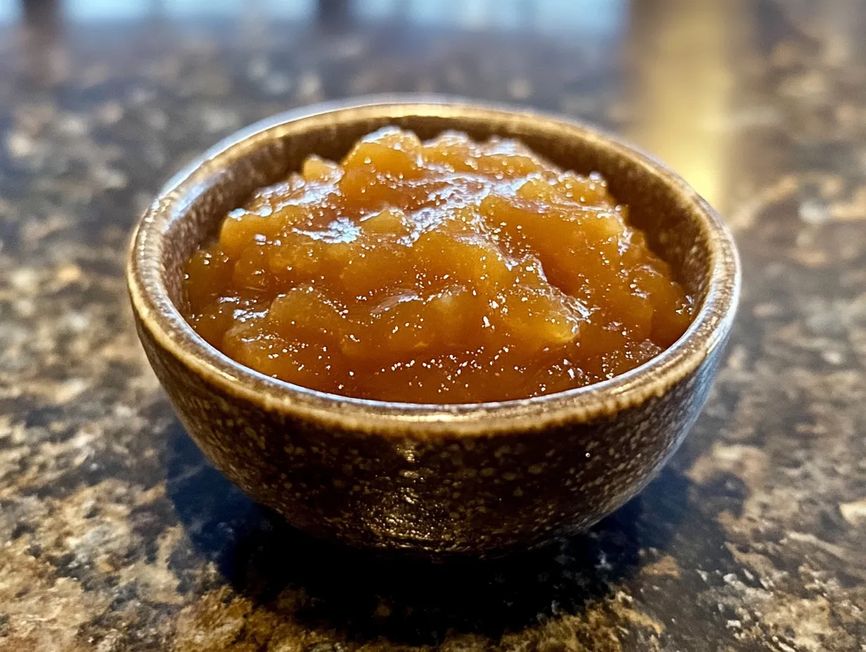 Äppelmos i ugn som tillagas i en stor ugnsform med gyllene äppelbitar och lite kanel.