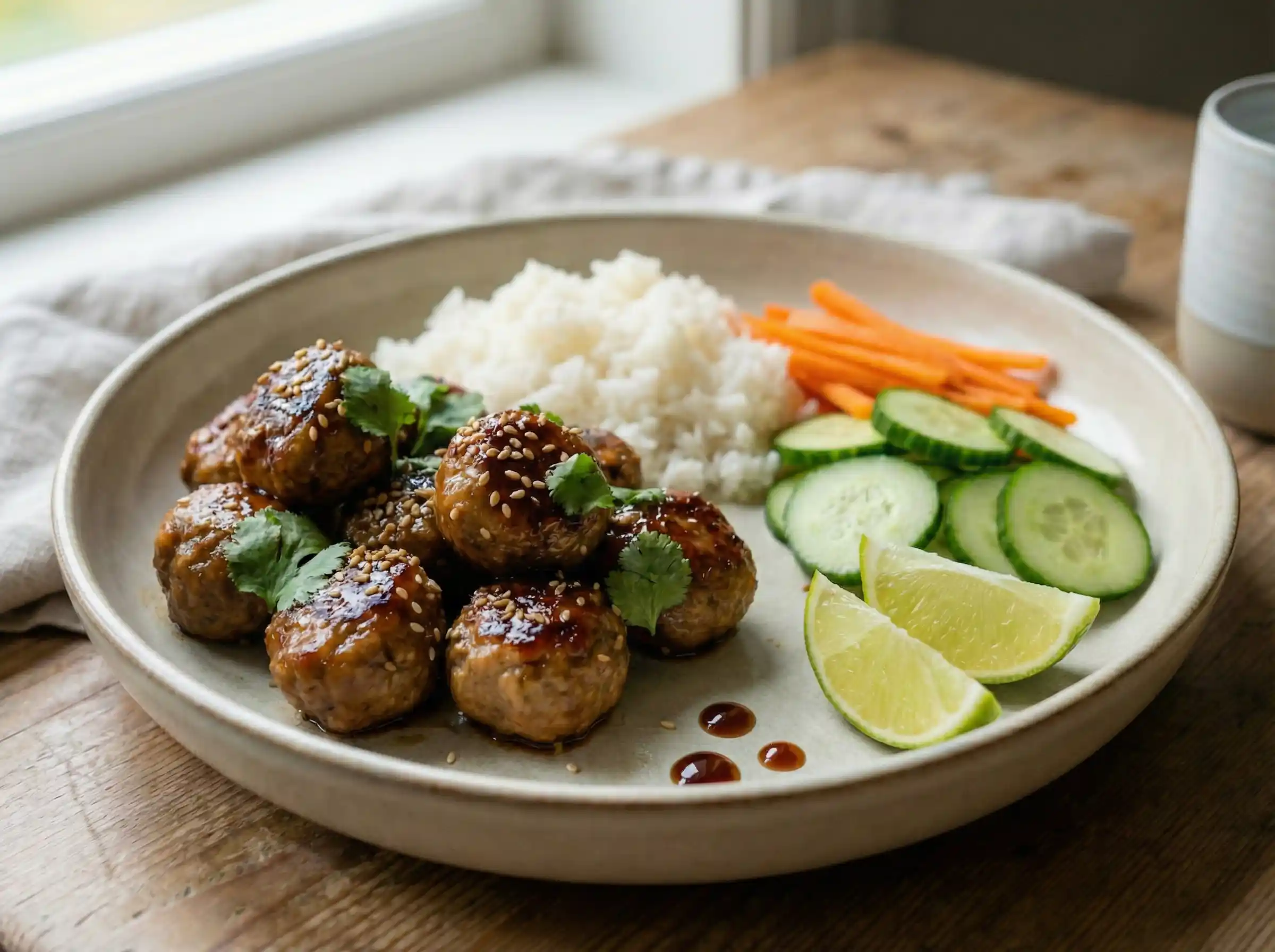 Asiatiska köttbullar med klibbig soja-limeglaze, jasminris och krispig gurka, morot, koriander och sesam på tallrik.