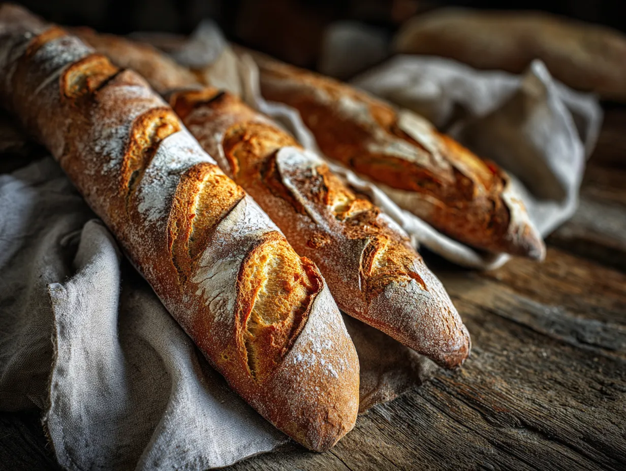En korg med gyllenbruna och frasiga baguetter, nyss uttagna ur ugnen och redo att serveras till en lyxig frukost.