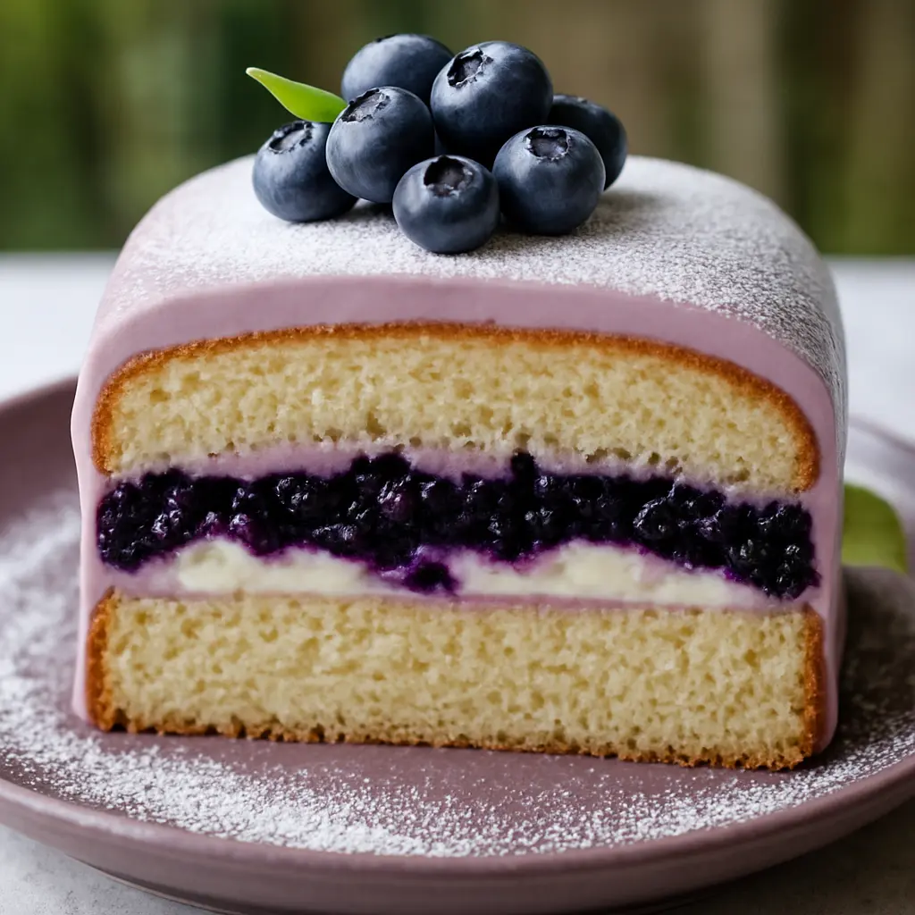 Blåbärstårta med vanilj och lila glasyr toppad med färska blåbär