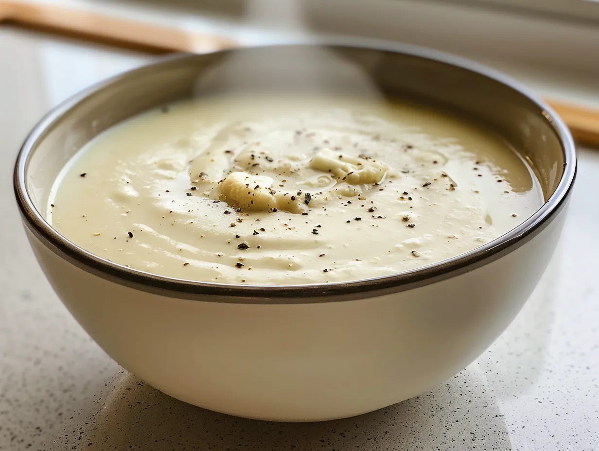 Blomkålssoppa som är krämig och len, serverad i skål med mild färg och topping