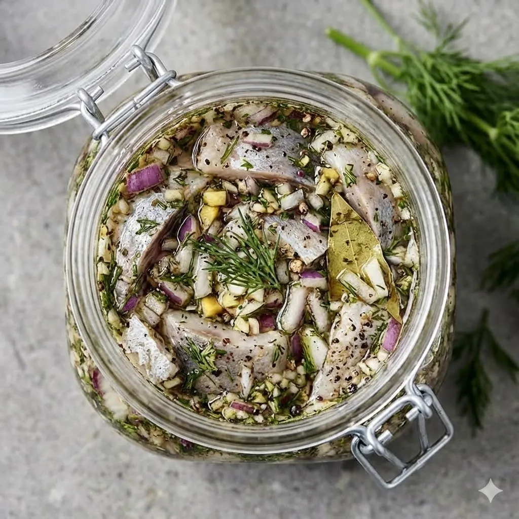 En glasburk fylld med hemgjord brantevikssill varvad med rödlök, dill och kryddor på ett rustikt träbord.