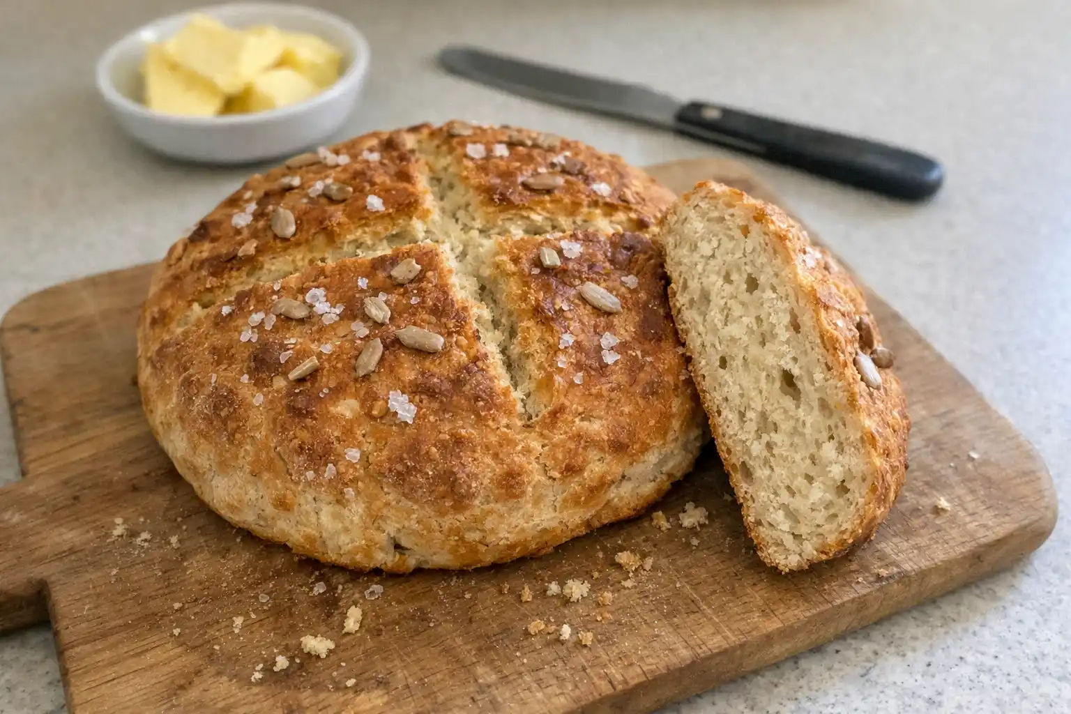 Bröd utan jäst skuret i skivor på en skärbräda, gyllene skorpa och mjukt inkråm synligt