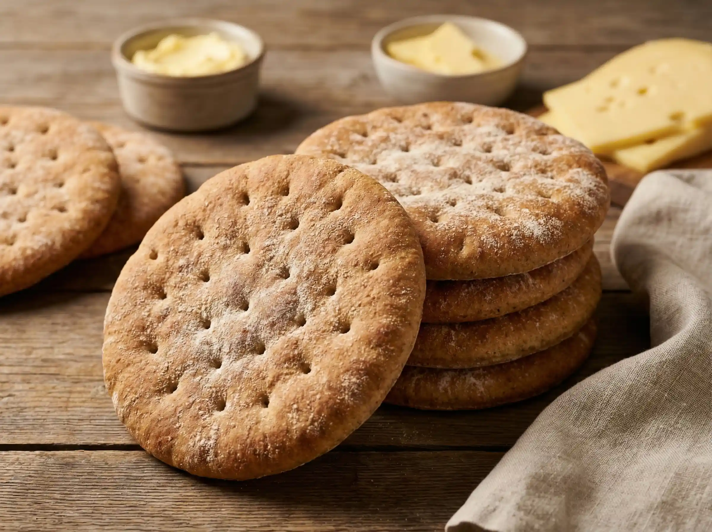 Brödkakor nyss uttagna ur ugnen, gyllene och naggade, serverade på en rustik träskärbräda i en hemtrevlig miljö.