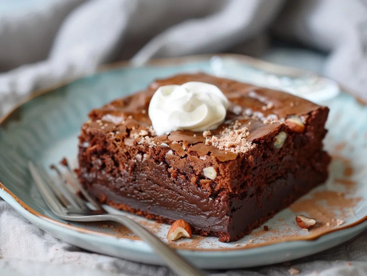 En nygräddad brownie skuren i rutor med synliga hasselnötter och en perfekt krackelerad yta på ett vackert fat.