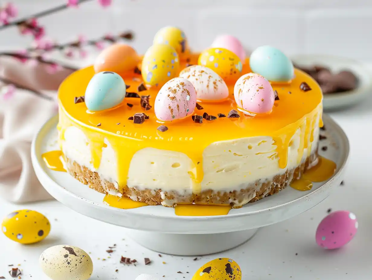 påskcheesecake på fat med gul citronkräm och små chokladägg på toppen i naturligt ljus