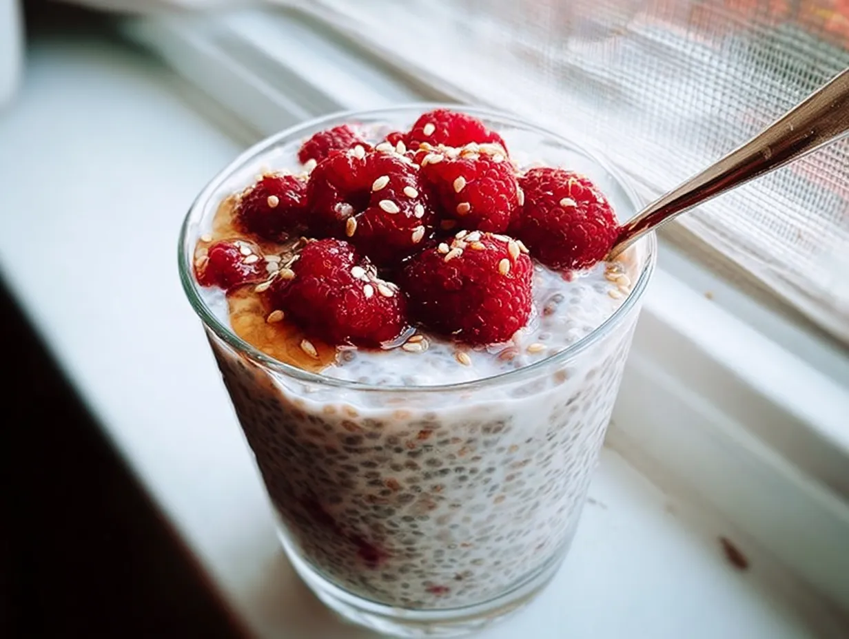 Chiapudding med kokosgrädde i glas med bär, granola, jordnötssmör och rostade kokoschips.