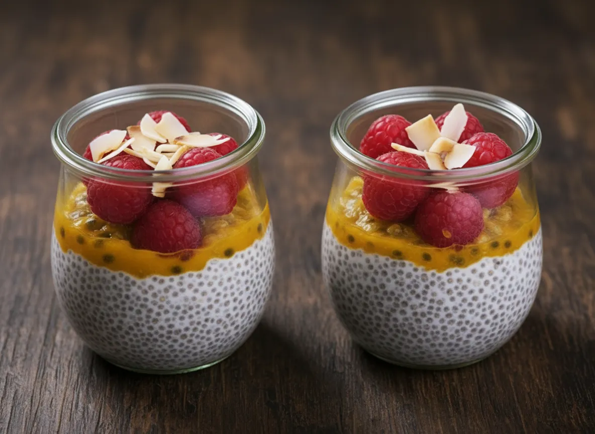 En krämig chiapudding med kokosmjölk serverad i glas med färska hallon och exotisk passionsfrukt på toppen.