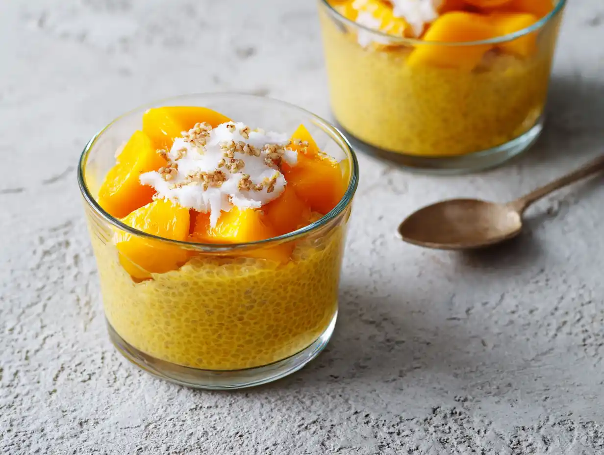 Chiapudding viktväktarna med mango, chiafrön och apelsin serverad i glas