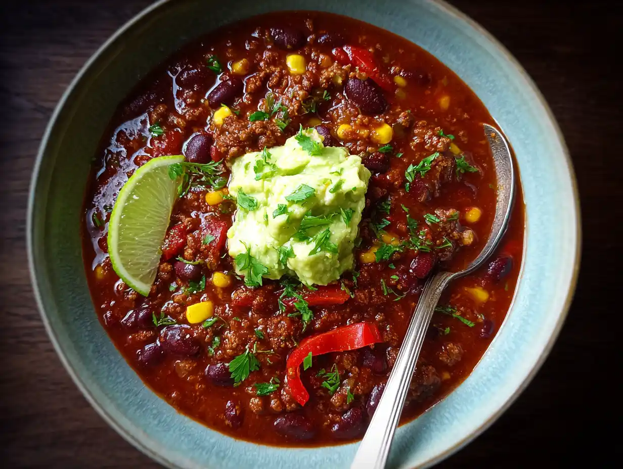 chili con carne lyx i skål med mörk tomatsås, nötfärs, kidneybönor, majs och färsk koriander i enkel hemmamiljö.