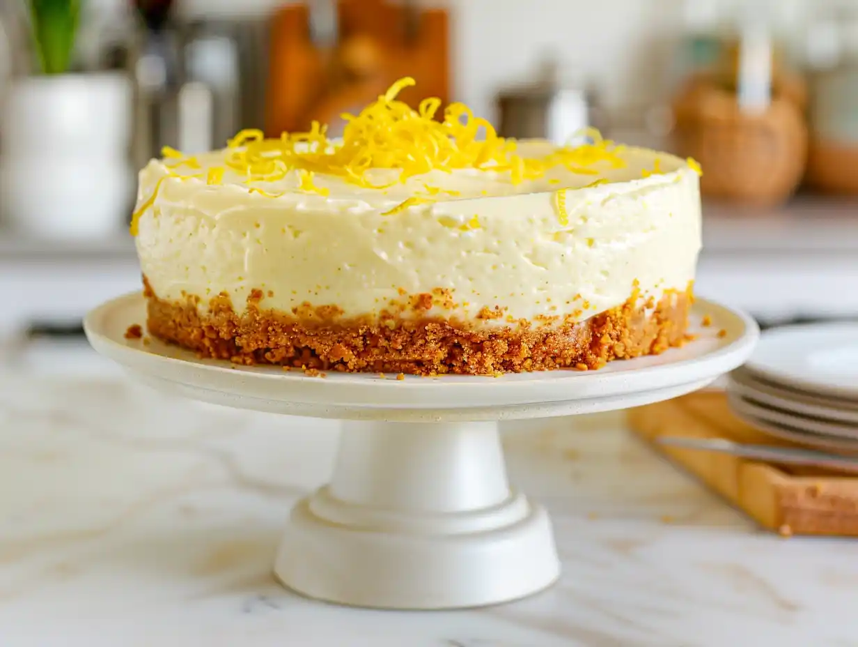 Citron cheesecake på fat med ljusgul fyllning, gyllene kexbotten och frisk citrondoft i enkel hemmamiljö.