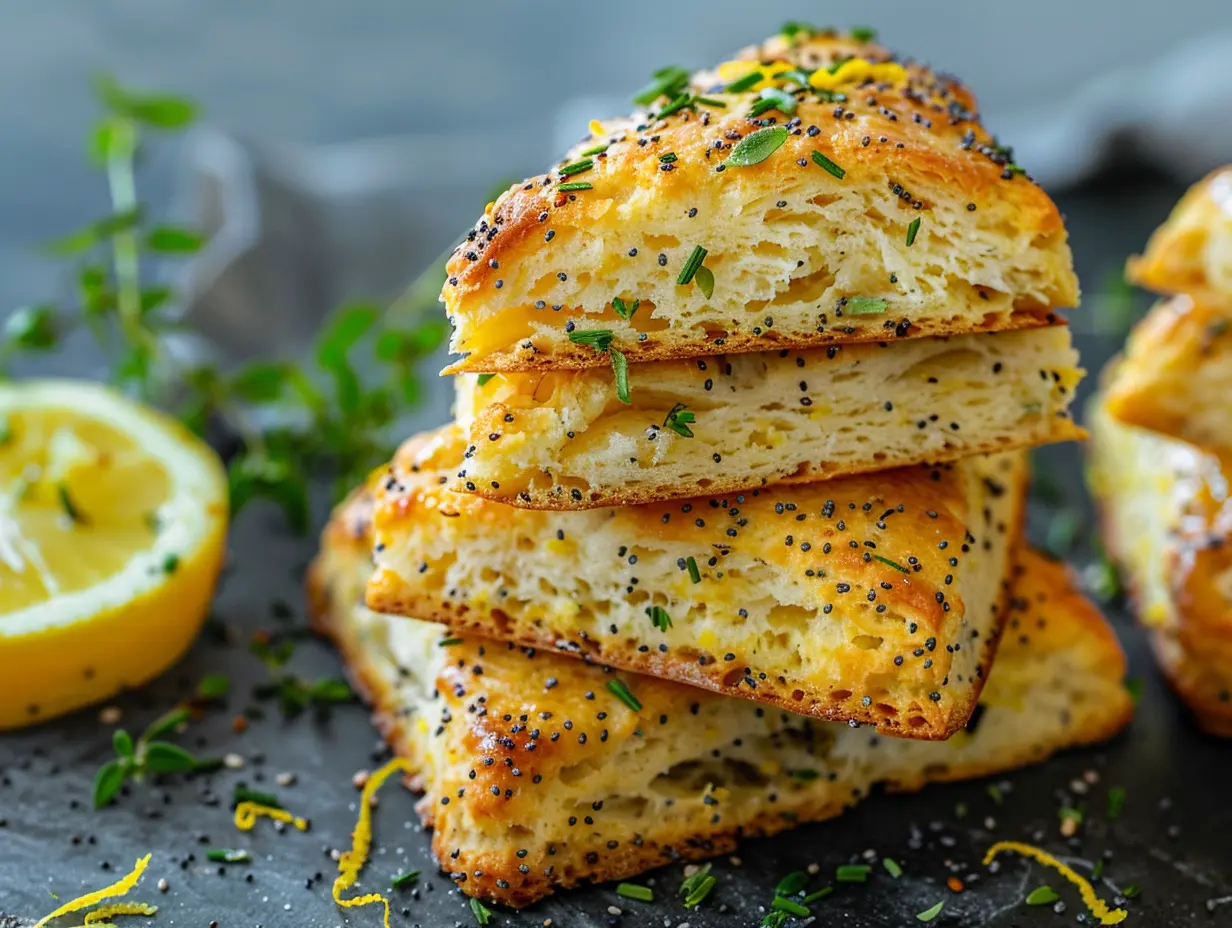 Nybakade citron och vallmofröscones på ett fat med en kopp te och färsk citron i bakgrunden.