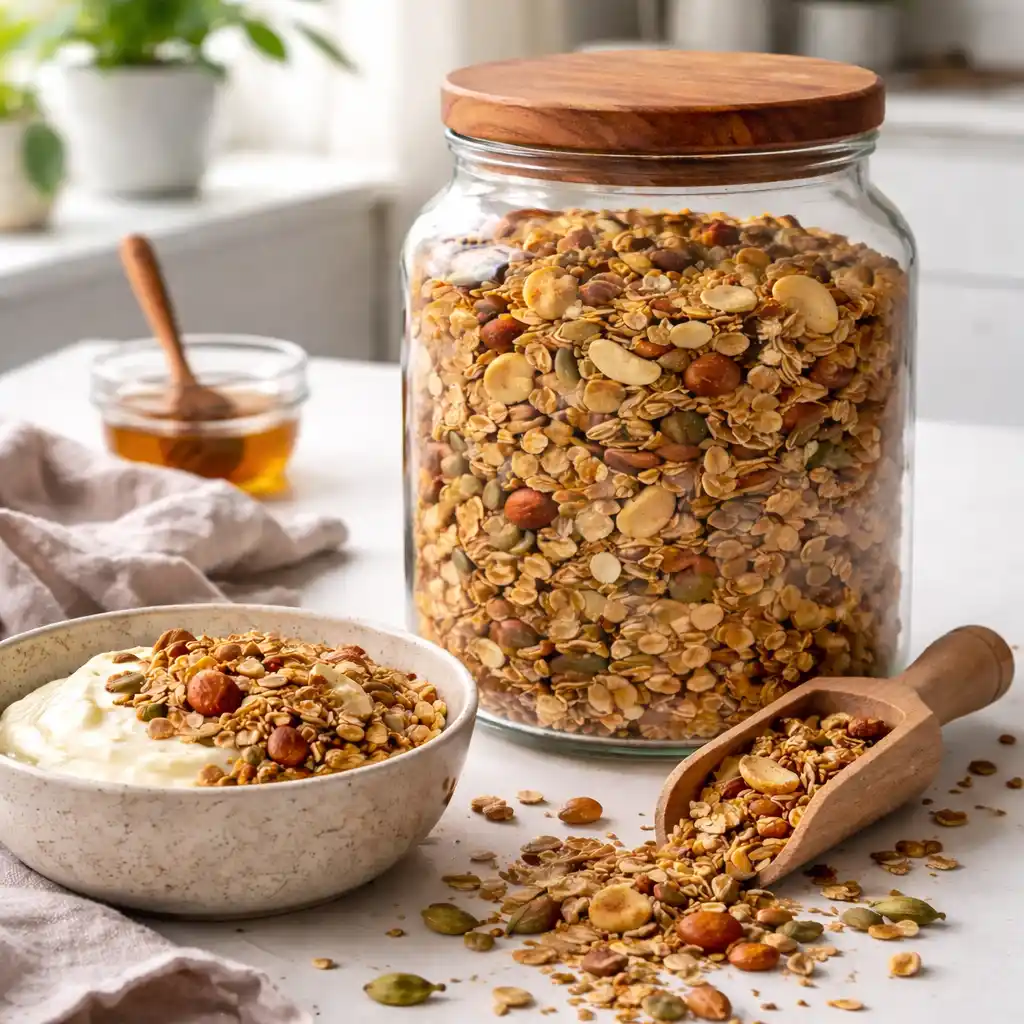 Clean eating granola i glasburk med nötter, frön och kokoschips på träbord i mjukt morgonljus.