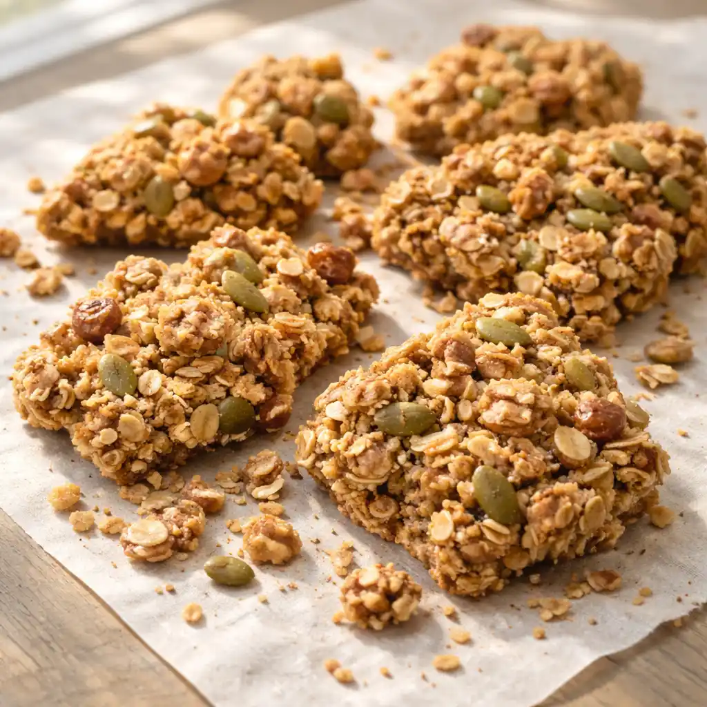 crunchy granola recept i stora gyllene kluster på plåt, redo att brytas i bitar