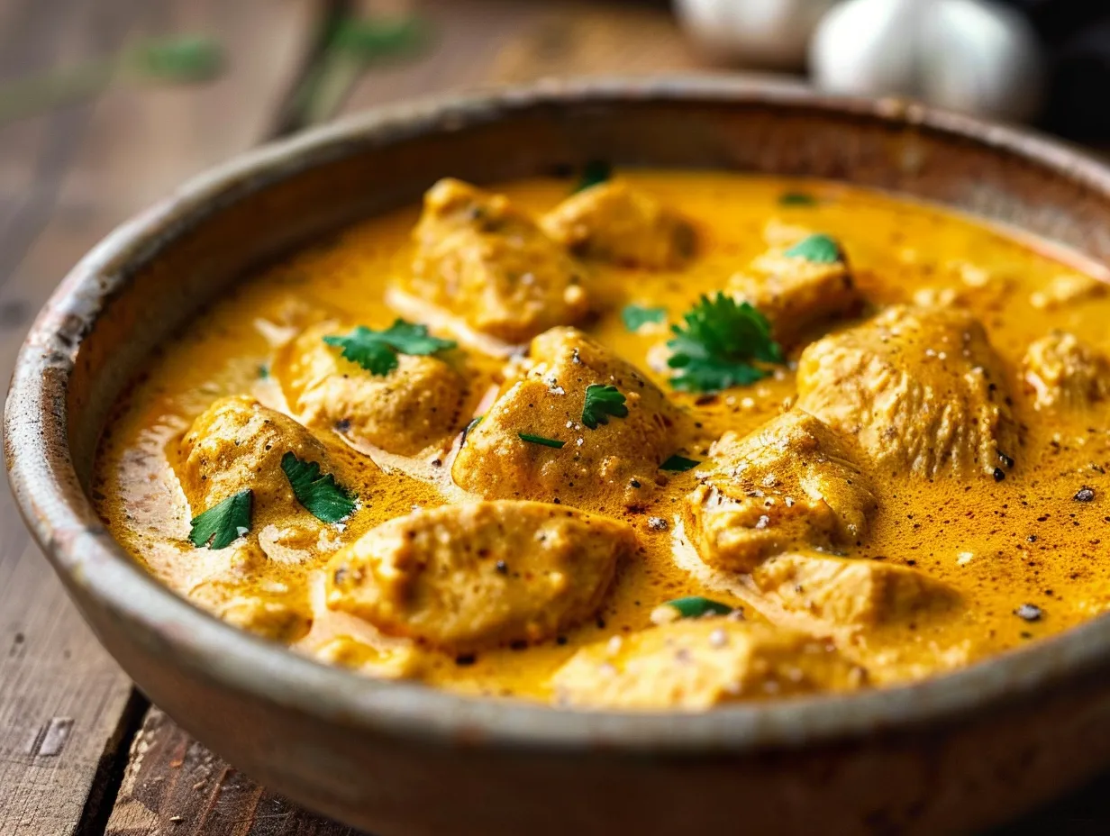 En rykande varm gryta med krämig sås och ris som visar ett inbjudande curry kyckling recept serverat i en skål.