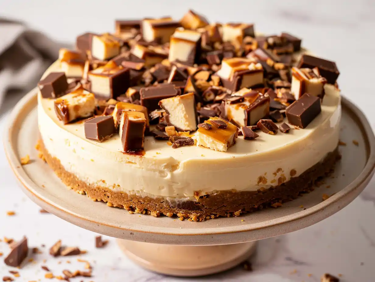 daim cheesecake på fat med krispig kexbotten, len fyllning och bitar av daim ovanpå i mjukt dagsljus