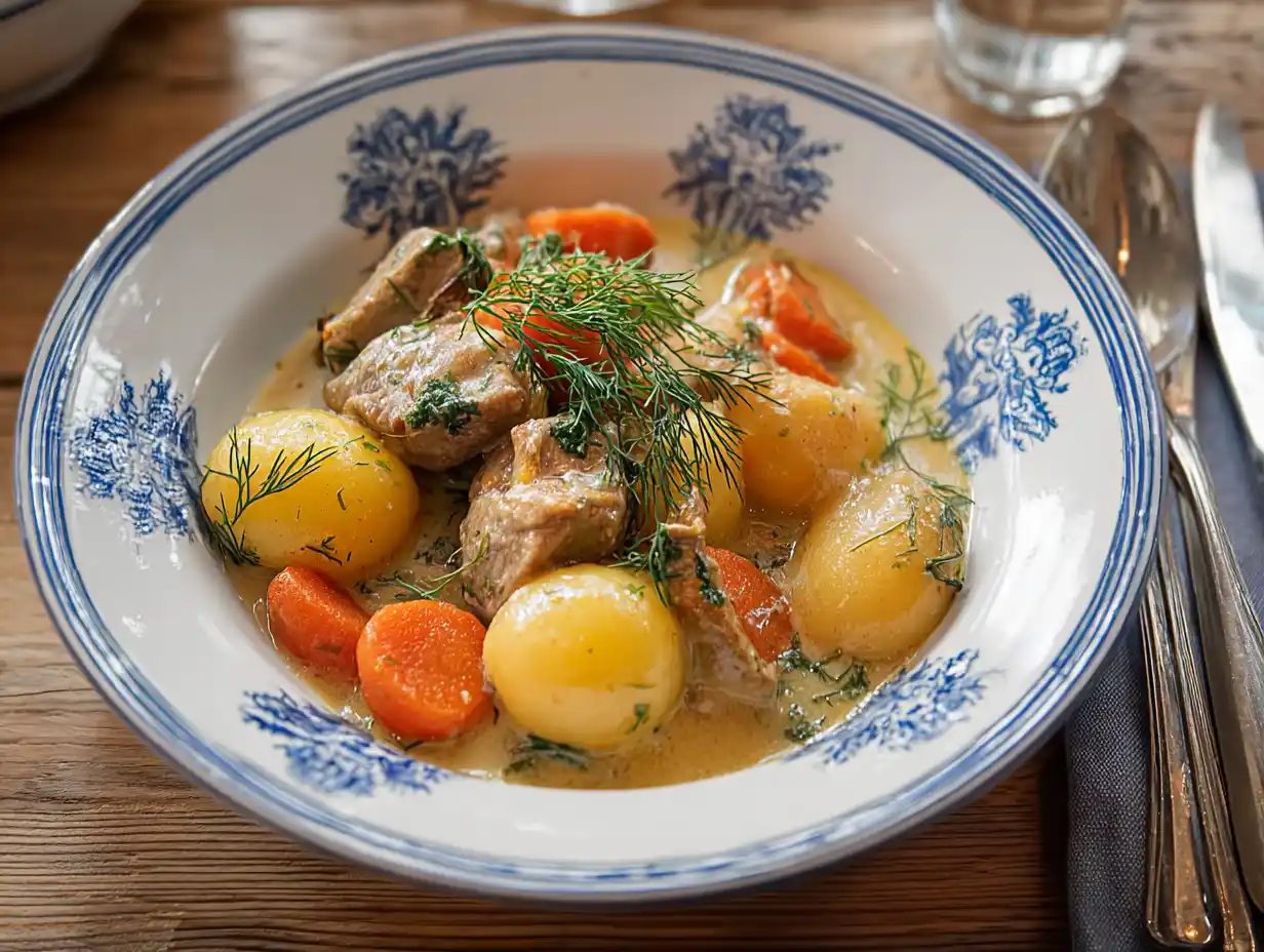 Dillkött på kyckling med krämig dillsås och kokt potatis, toppat med finhackad dill.