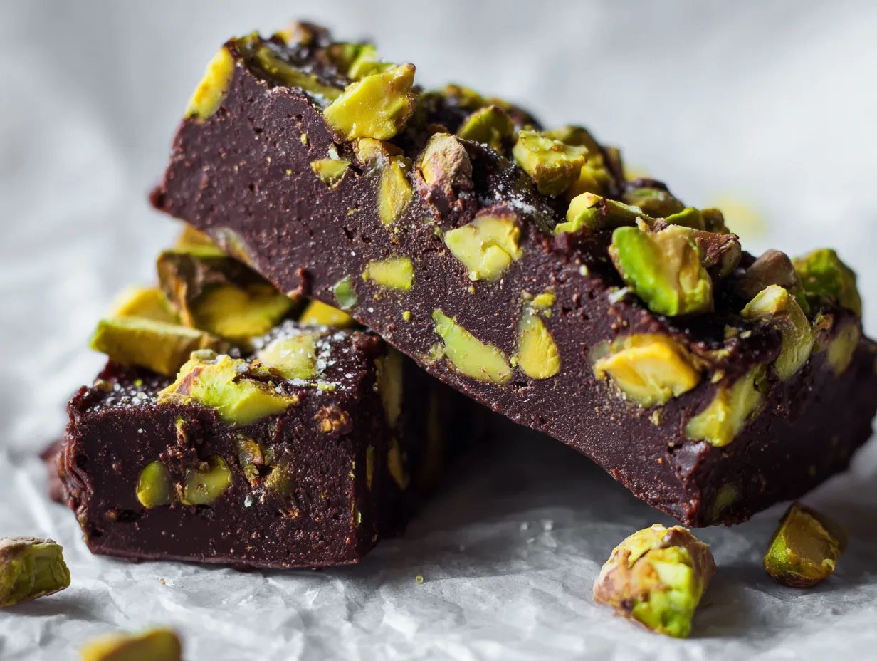 En ljuvlig Dubai choklad bruten i bitar som visar den krispiga gröna pistagefyllningen inuti det mörka skalet.