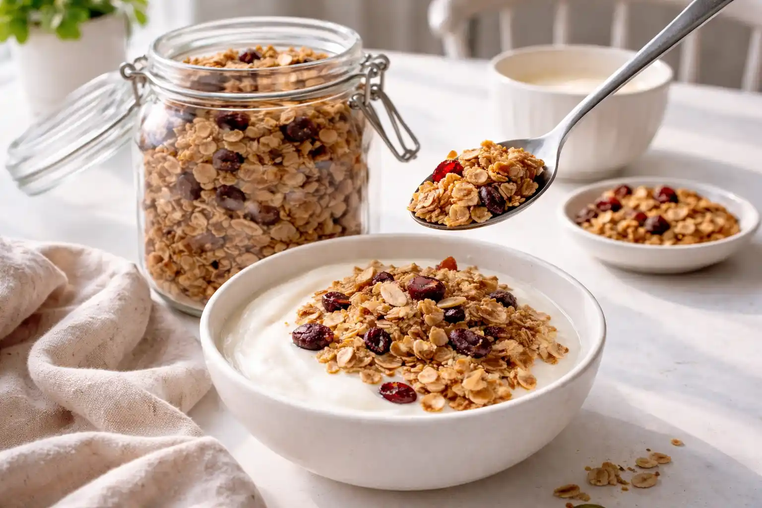 egen granola på plåt, gyllene och krispig med nötter, frön och tranbär i skål