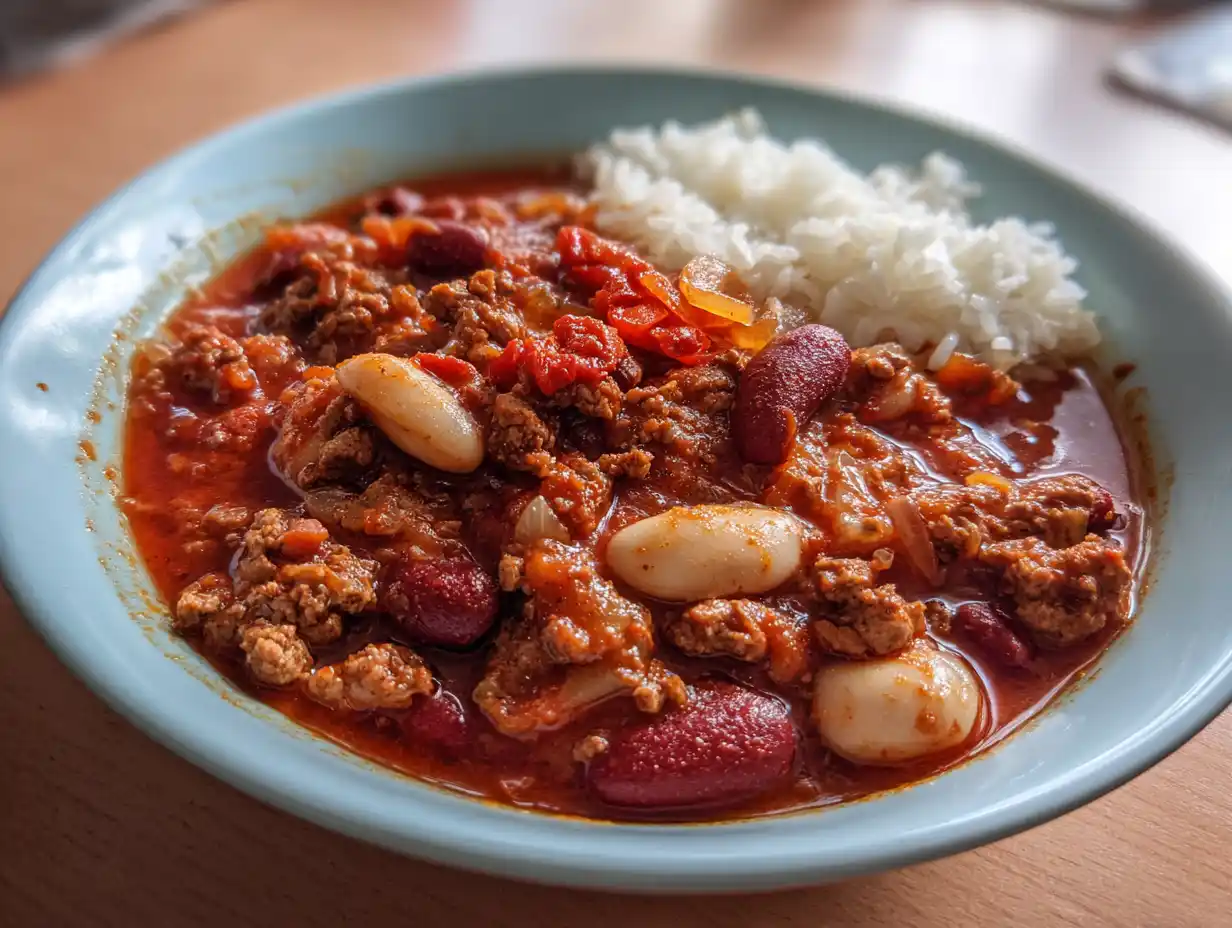 enkel chili con carne i skål med köttfärs, kidneybönor, tomat och lite ris vid sidan.