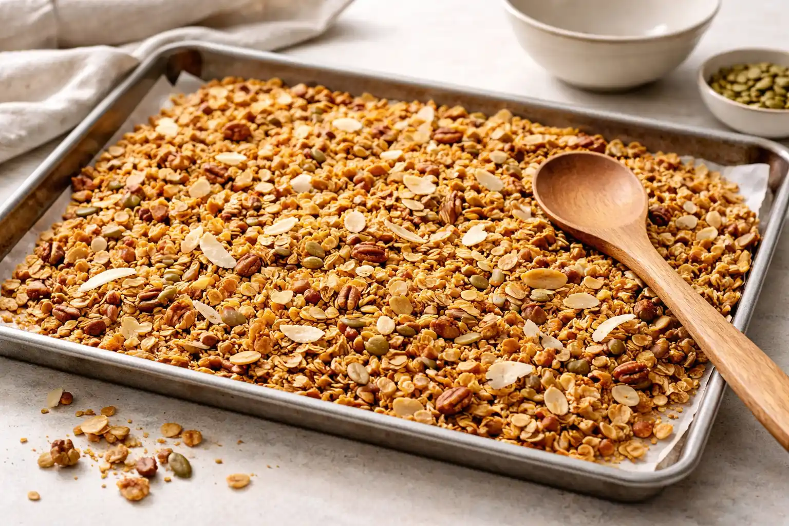 enkel granola i plåt, gyllene och knaprig med havre, nötter och torkad frukt