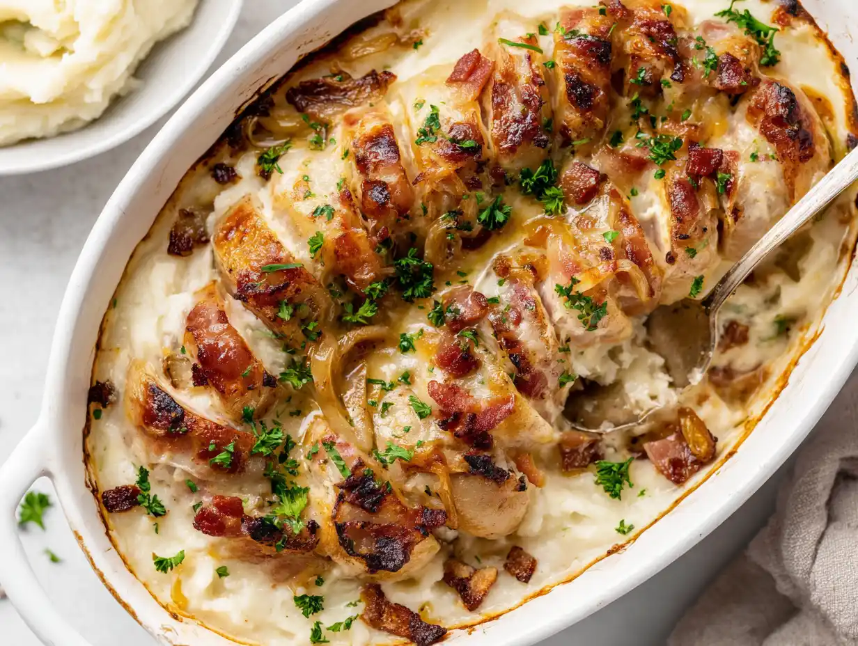 fäbodjäntan falukorv i ugnsform med gratinerad ost, bacon, lök och krämig sås, serverad varm direkt ur formen.