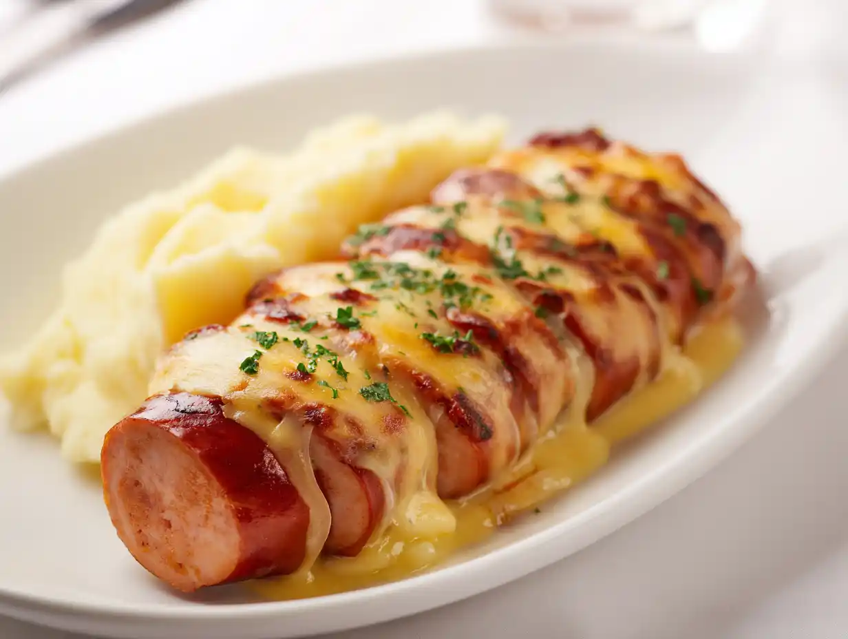 fäbojäntan falukorven gratinerad i ugn med ost, lök och senap, serverad varm på fat med gyllene yta.