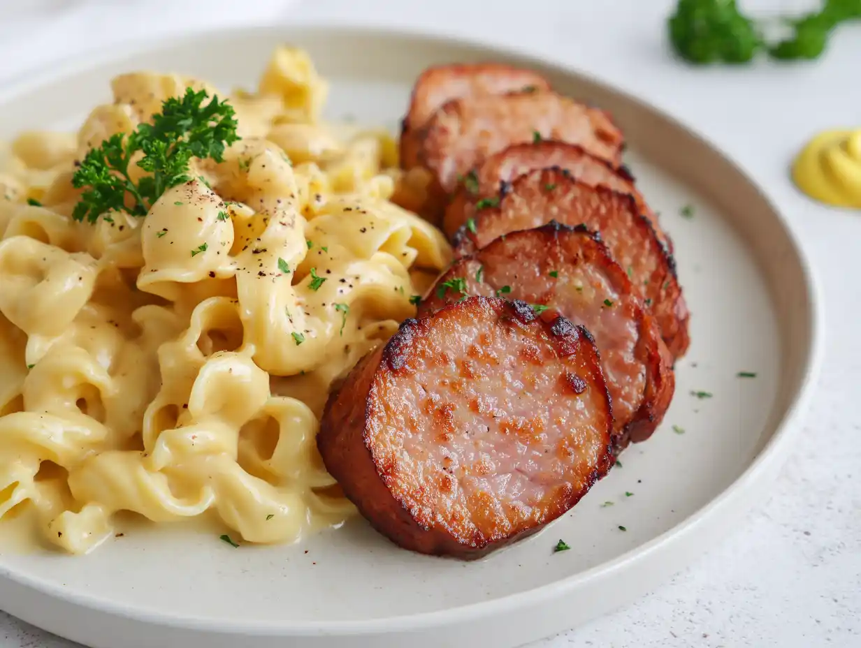 falukorv med stuvade makaroner upplagt på vit tallrik med krämig stuvning, gyllenbrun korv och lite persilja ovanpå.