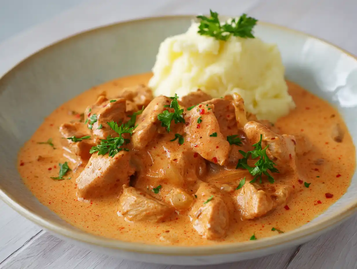 färdiggrillad kyckling recept serverad som krämig stroganoff med persilja i djup tallrik, mjuk lök och len paprikasås.
