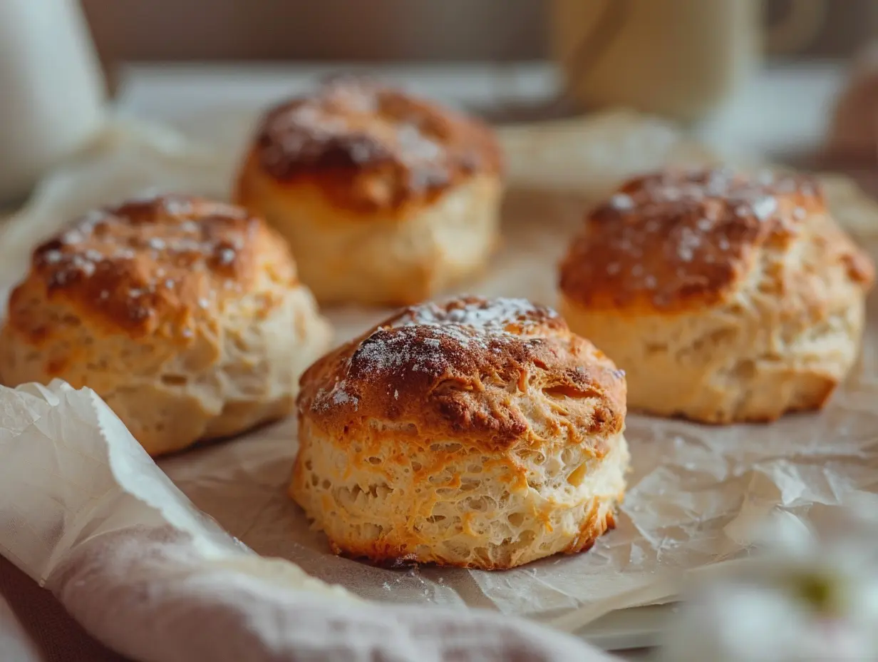 En korg fylld med nygräddade varma filmjölksscones serverade på en träbräda tillsammans med smör och ost.