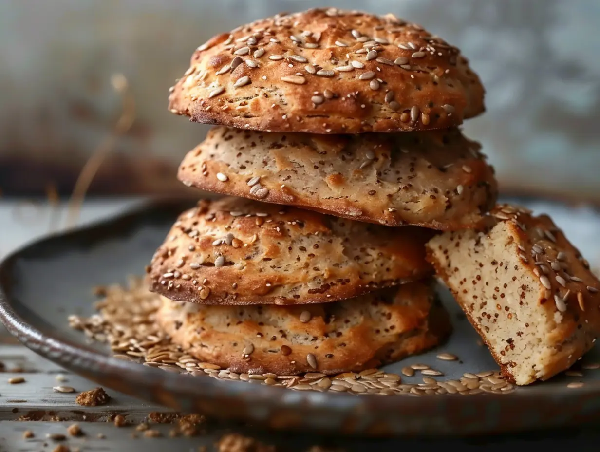 En korg med nygräddade gyllene fullkornscones fyllda med linfrön, serverade med smör och ost på en rustik träbräda.