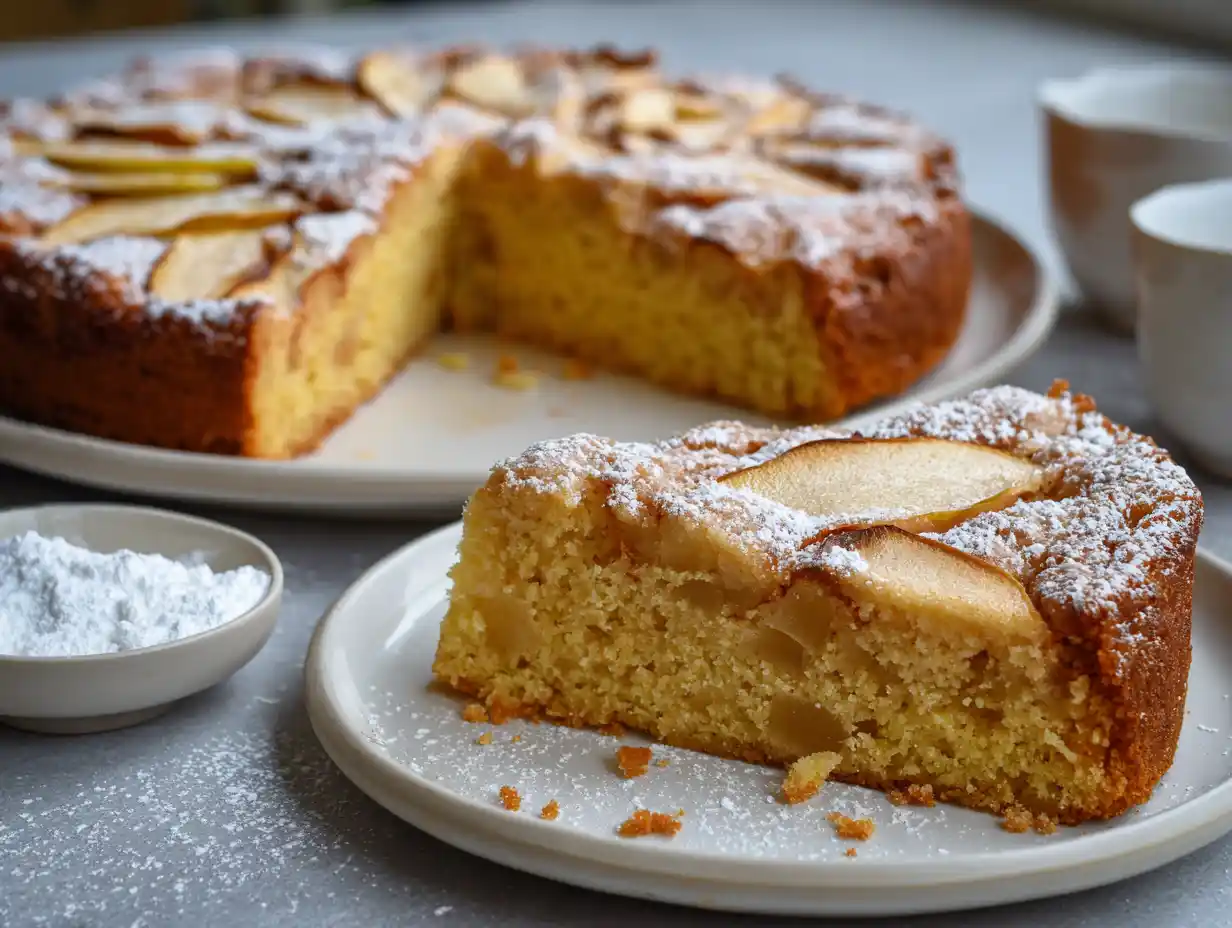 Glutenfri äppelkaka skuren i bitar på tallrik, saftig textur med synliga äppelbitar och kanel