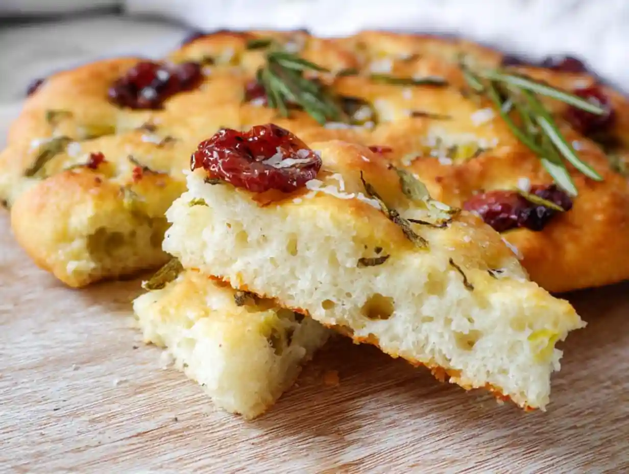 Glutenfri focaccia i form med oliver, rosmarin och flingsalt, gyllene yta och saftig insida.