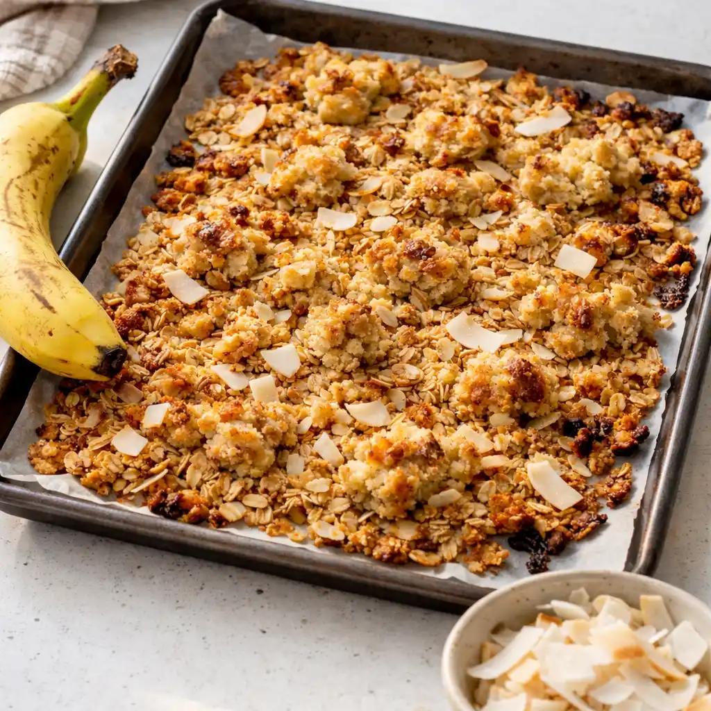 granola med banan i skål toppad med yoghurt och färska bär, gyllene och krispig