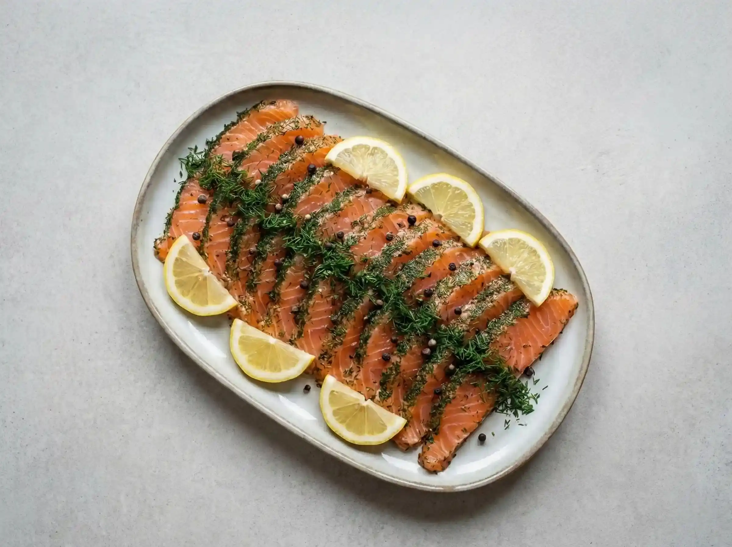 En vacker tallrik med hemgjord gravad lax till jul, dekorerad med färsk dill och citronskivor på ett rustikt julbord.