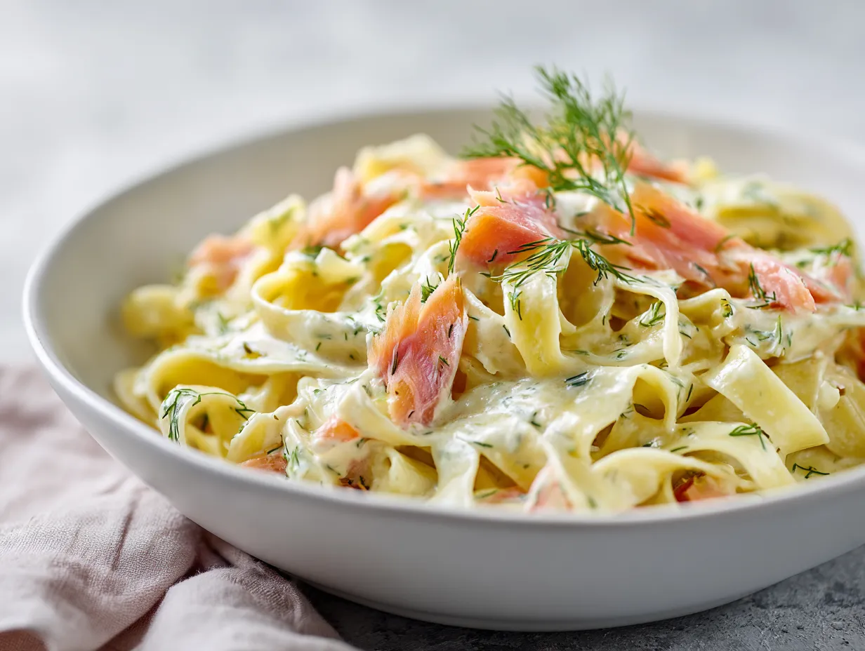 Gravad laxpasta med krämig sås, dill och citron serverad som enkel huvudrätt.