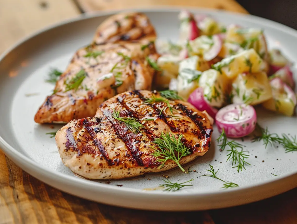 Grillad kyckling med potatissallad upplagd på ett fat med gyllenbruna filéer och krämig potatis, garnerad med färsk dill och citron.