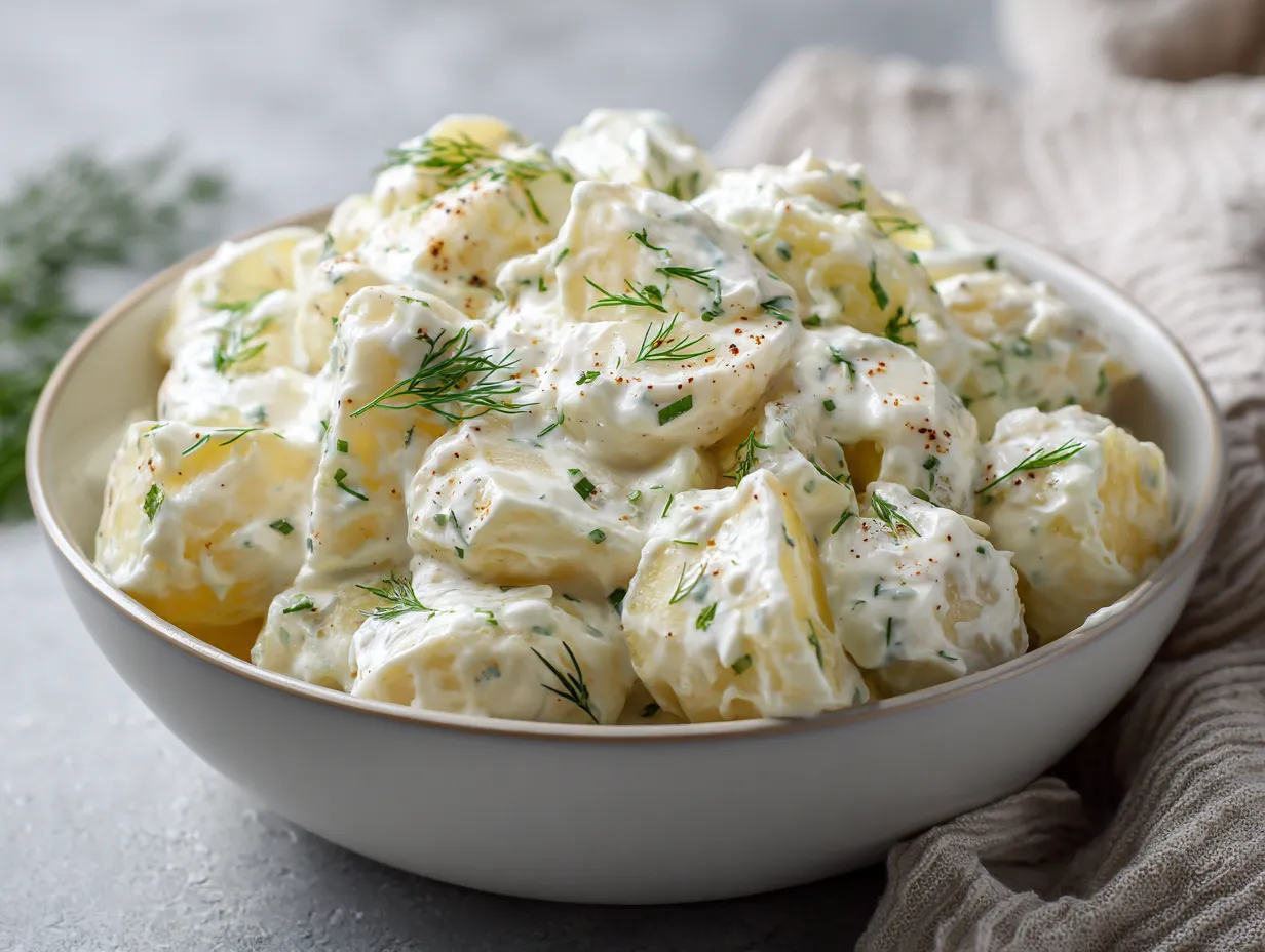 Ett klassiskt grilltillbehör recept på krämig potatissallad dekorerad med massor av färsk dill.