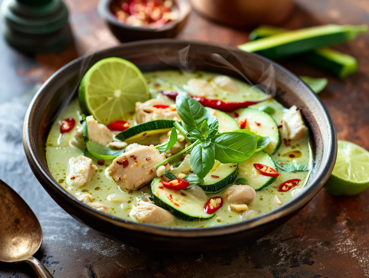 En djup skål med grön curry kyckling i krämig kokossås serverad med ris och limeklyftor.