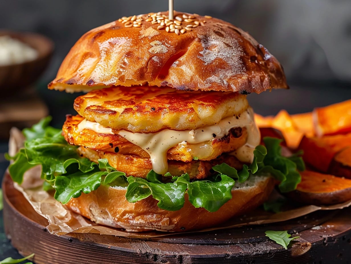 En hög halloumiburgare med sötpotatis staplad med krispig ost, rostade skivor av potatis och krämig dressing mellan två bröd.